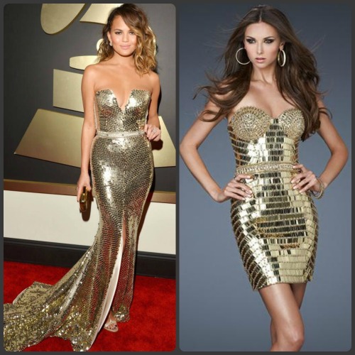 Channel Chrissy Teigen&rsquo;s golden look at the 2014 Grammys with style 18413 for a fabulous night
