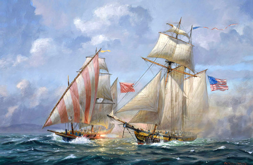 ltwilliammowett:Battling the Barbary Pirates, the USS Enterprize in the Mediterranean, 1801, by Patr