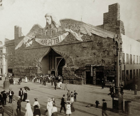 The Hereafter Building at the World’s Fair, St. Louis, 1904. Louisiana Purchase Exposition. You could visit both heaven and hell, crossing the river of death in Charon’s boat.