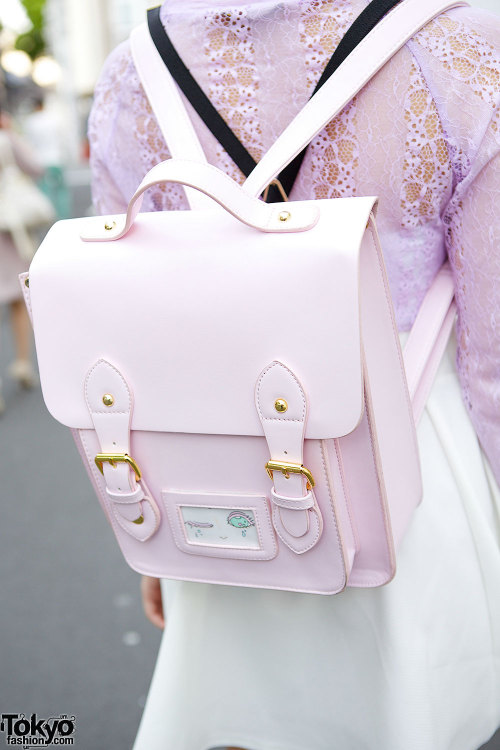 tokyo-fashion:  17-year-old Harajuku student Aoi wearing a pastel outfit featuring a Spinns lace top with a skirt and retro backpack from WEGO. Full Look 