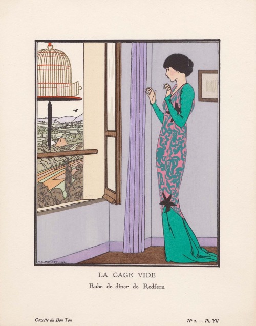 “La cage vide”Robe de dîner de Redfern.La Gazette du Bon Ton,Volume 1, No 12, décembre,1912.Art by A