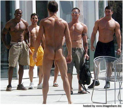 Naked embarrassed men