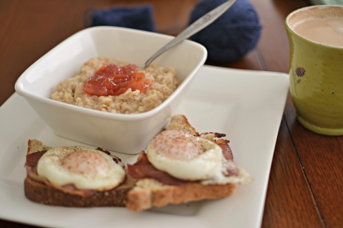 brunch is oatmeal with blood orange and rosewater marmalade, and eggs fried on slices of prosciutto 