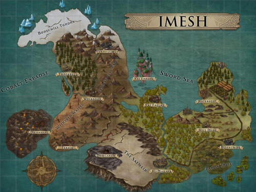 [image description: a map for the fantasy continent of Imesh, shaped like a lopsided U. A snowy tund