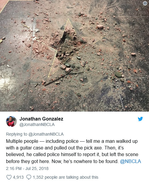 wetwareproblem:  sugarbatsy: temptation-revelation:  catchymemes: Donald Trump’s Star on the Hollywood Walk of Fame is destroyed by man carrying a pickaxe in a guitar case.  Icon   And NOW the guy who did it back in 2016 is trying to raise enough bail