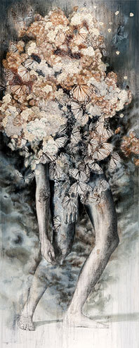 asylum-art:Paintings by Anne von Freyburg	“The recent works by Anne Von Freyburg  explore the operation and inscrutability of aesthetics. The life-size  mixed media tableaux show human-like figures in various states of  transformation. Following in