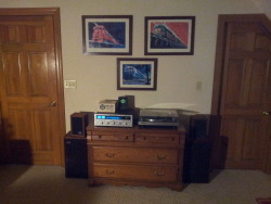 our-exploration:  My bedroom stereo set up. Vintage audio all the way. Huge train enthusiast. 1970s General Motors showroom designs for new future of the railway diesel engines. Very rare hand drawn prints. Only three left to exist. Marantz 2238 - JVC