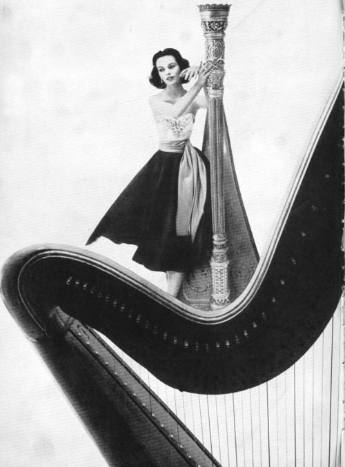 Model with harps in Harper’s Bazaar, 1951. Designed by Alexey Brodovitch and photographed by Gleb De