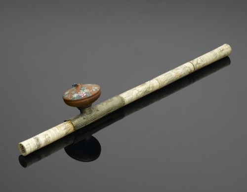 historyarchaeologyartefacts:Chinese ivory opium pipe with metal mount and terracotta bowl, c. 1800-1