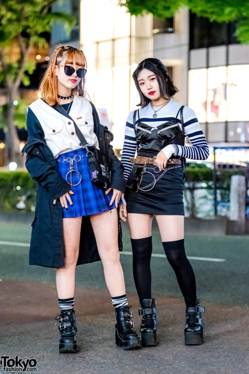 tokyo-fashion:  15-year-old Maria and 14-year-old Sachie on the street in Harajuku wearing trendy styles including a Moussy parka, Spinns plaid skirt, Faith Tokyo camisole, Bubbles Harajuku boots, and Moschino backpack. Full Looks