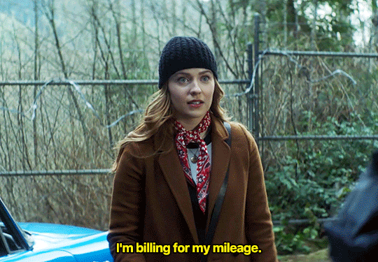 GIF FROM EPISODE 2X15 OF NANCY DREW. NANCY IS STANDING OUTSIDE. SHE SAYS "I'M BILLING FOR MY MILEAGE" THEN BEGINS TO WALK OUT OF FRAME.