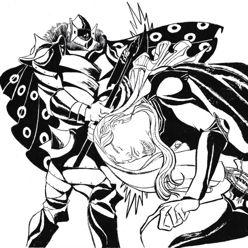 holygrailknights:Two more black & white traditional drawings !First image :The Green Knight is t