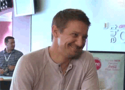 wtfrenchtoaststix:  hawkeyesmyguyx-deactivated20141:  Jeremy Renner appreciation: Laugh  He just looks so happy. Like really, honestly happy.   Renner and his beautiful face