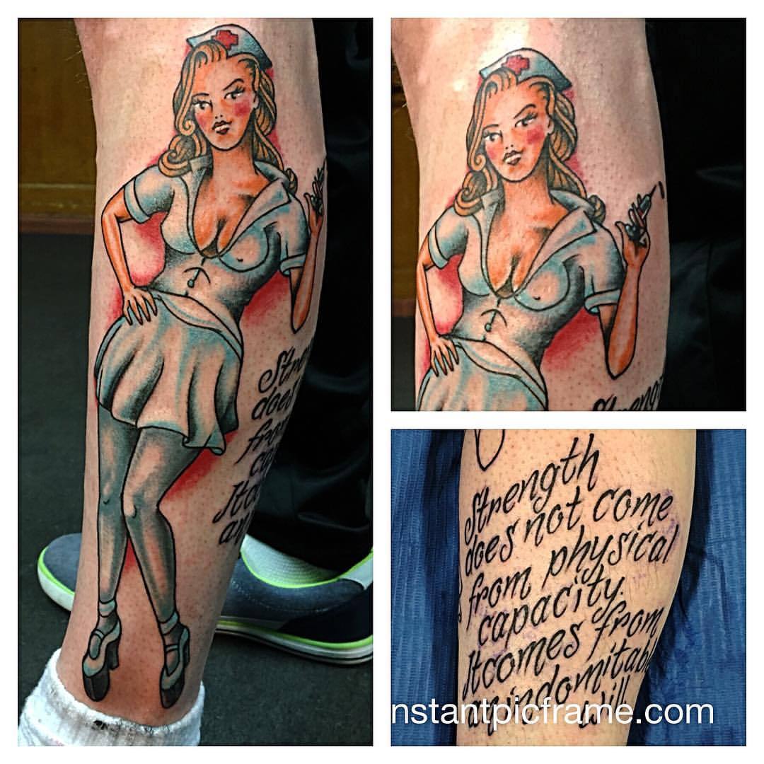 ROODBAARD tattoos and artwork on Tumblr: #traditional #pinup #nurse and  some #custom #frankie_deny #tattoo #lettering done today on Maikel's  #lowerleg