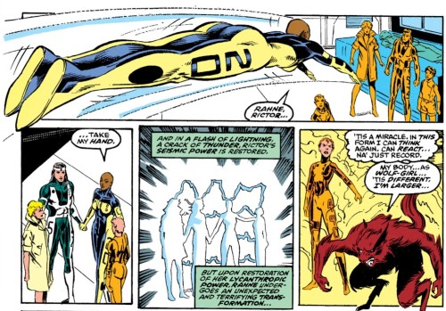 Storm gives the New Mutants their powers back, and Wolfsbane manifests a more powerful version of he