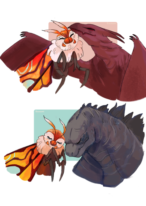 skogurumi:I like the idea of Mothra cuddling the others Kaijus for cheer them up or just for affecti