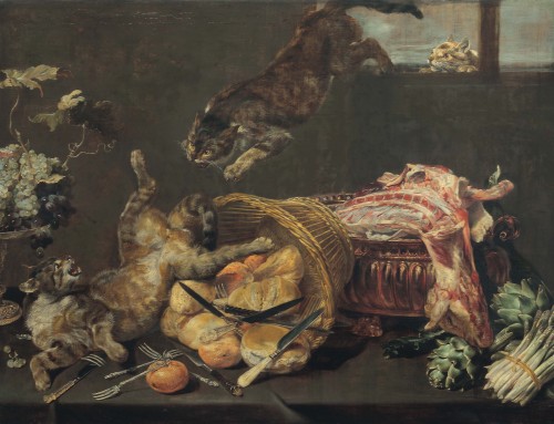 Frans Snyders (Flemish, 1579-1657, b. Antwerp, Belgium) - Cats fighting in a larder, with loaves of 