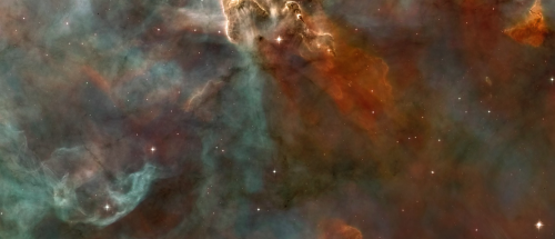 lordofthesvdandlonely:     carina nebula, about 8000 light years away, 50 light years long in this false colour image. bright star in second panel is about 100-150 times the mass of the sun.  