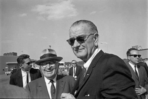 Signing of the Medicare Bill
President Harry S, Truman greets President Lyndon B. Johnson upon his arrival in Independence, Missouri. 7/30/65.
-from the LBJ Library