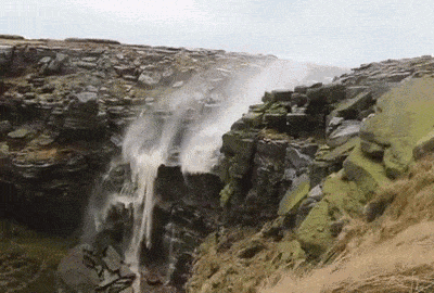 Strong winds make waterfall run backwards The River Kinder is a river only about 3 miles long, in northwestern Derbyshire in England. Normally it cascades 80 ft (24 m) as the Kinder Downfall. But in the strong winds of ex-hurricane Gonzalo, the river