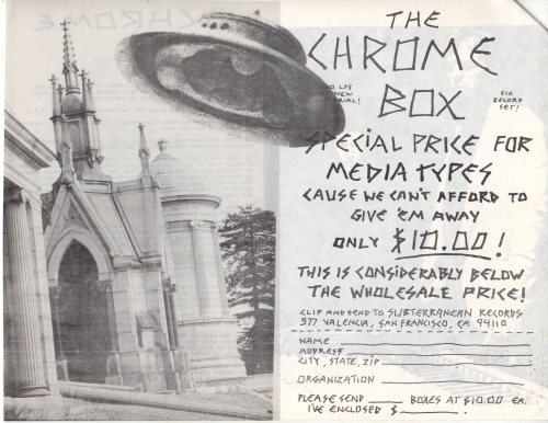 flyer, 8 1/2 x 11 in., chrome box set interview by max bell, circa 80s.