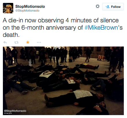 revolutionarykoolaid:Today in Solidarity (2/9/15): Protesters in New York City demonstrated for Mike Brown on the 6-month anniversary of his death at the hands of former Ferguson police officer Darren Wilson. Rest in power, Mike. #staywoke #farfromover