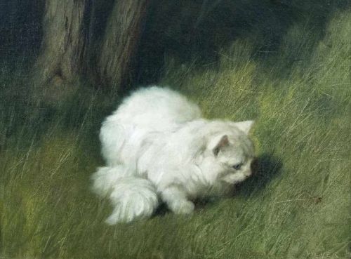 art-and-things-of-beauty:Arthur Heyer (1872-1931) - A cat in the grass spying at an insect, oil