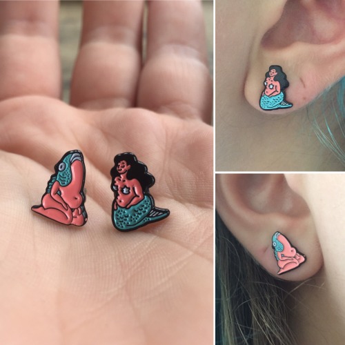 Sea Babe Earrings! 1/2″ soft enamel mounted on nickel stud earring. $15 in stores, but only $12 when