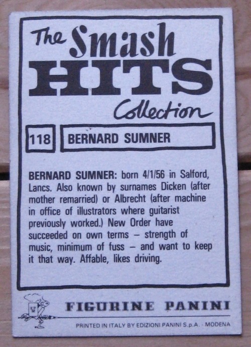 118Early eighties Panini album/Smash Hits magazine unpeeled Bernard Sumner sticker.