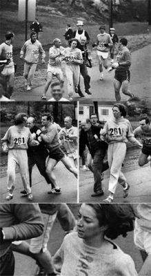 dichotomized:  In 1967, Kathrine Switzer was the first woman to enter and complete the Boston Marathon as a numbered entry. She registered under the gender-neutral name of “K.V. Switzer”. After realizing that a woman was running, race organizer Jock