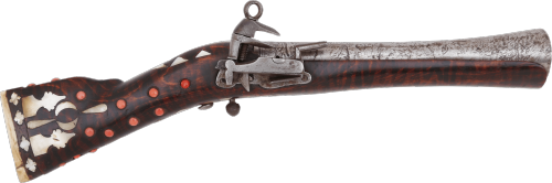 A pearl, ivory, and red coral decorated miquelet blunderbuss originating from Dagestan or Georgia, 1