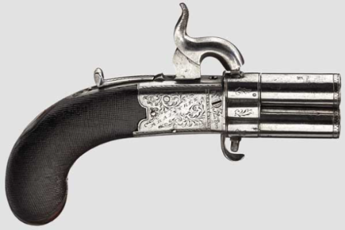 English percussion rotating barrel pistol, circa 1840.
