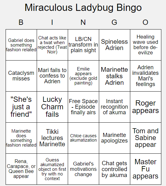 Miraculous Ladybug Bingo Card