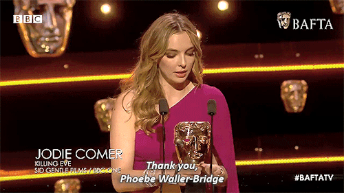 Jodie Comer thanking Phoebe Waller-Bridge in her BAFTA speech for Leading Actress for her role as Vi