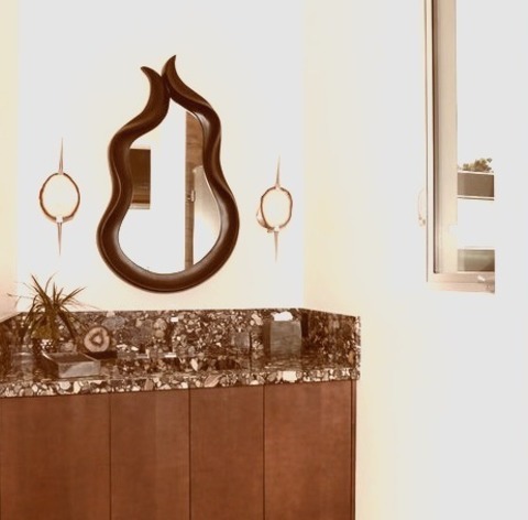 Bathroom Powder Room Orange CountyExample Of A One-piece Toilet, Flat-panel Cabinets, Dark Wood Cabinets,