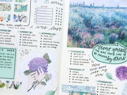 journalsanctuary: New spread with mint green and lavender!!  The hand drawing is by @mochipanko // p
