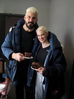 ginormouspotato:  Heather Doerksen: Our final day of filming Pacific Rim. After months of veggies and protein and working out like maniacs, Robert Maillet and I needed the biggest slice of chocolate cake imaginable. You shoulda seen the sugar high