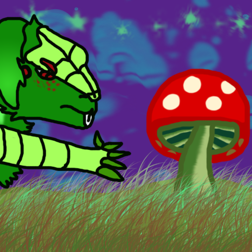 Jazz suffers from a weird mushroomJazz was off collecting mushrooms for the Oracle and all that jazz, but.. something was off about this mushroom. It was faintly familiar, and.. Jazz felt weird just getting close.
…But hey, the Oracle wants...