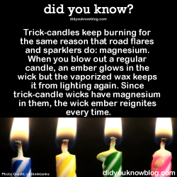 did-you-kno:  Trick-candles keep burning for the same reason that road flares and sparklers do: magnesium. When you blow out a regular candle, an ember glows in the wick but the vaporized wax keeps it from lighting again. Since trick-candle wicks have