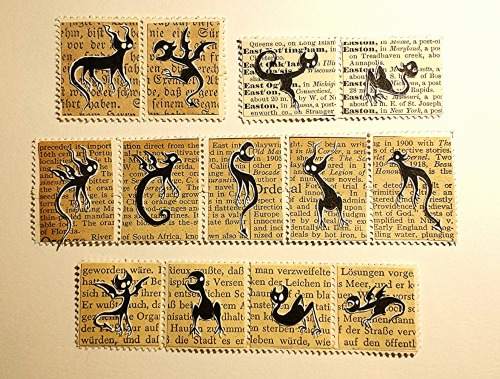 A selection of the faux postage stamps I have made.  The trees are watercolors, the critters are han