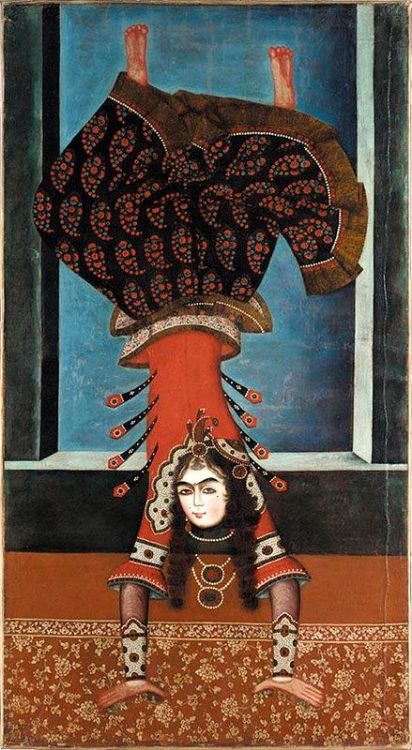 A FEMALE ACROBATبانوی آکروبات، منسوب به احمد، 1830 ترسایی PORTRAIT OF A FEMALE ACROBAT PERFORMING A HANDSTAND, ATTRIBUTABLE TO THE ARTIST AHMAD, PERSIA, CIRCA 1830 oil on canvas #Handstand#Performance#Female Acrobat#Acrobat#Female#Woman#Persia#circa 1830
