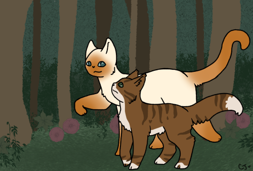 [ID: a side view drawing of two cats in a forest. One is a larger ginger-point cat, looking at the o