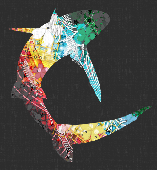 ID: The silhouette of a silky shark in the disabled pride flag colors: red, gold, white, green, blue, and grey. There are stripes, flowers, spots, and patterns in the silhouette. End ID.