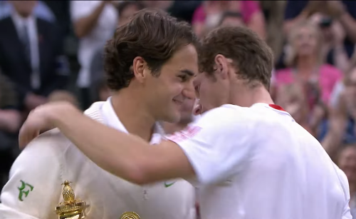 Roger Federer And Andy Murray During The 2012 Wimbledon Trophy Ceremony