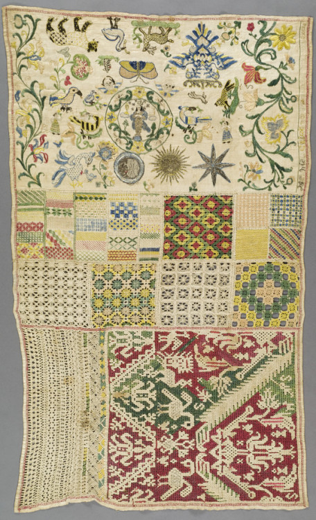 heaveninawildflower:Sampler (Mexican, circa 1785). Linenwith silk and metallicthread embroidery, dra