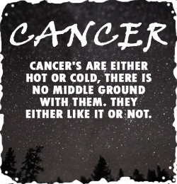 zodiacsignstoday:  Cancer’s are either hot or cold, there is no middle ground with them. They either like it or not.  -Discover the secrets of the 12 Zodiac Signs Facts : Aries, Taurus, Gemini,Cancer, Leo, Virgo, Libra, Scorpio, Sagittarius, Capricorn,
