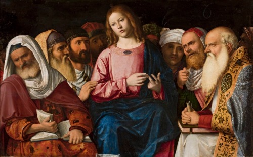 alaspoorwallace:Cima da Conegliano (Italian, ca. 1459- ca. 1517), Christ among the Doctors, 1504. Tempera on poplar panel, 54.5 x 84.5 cm; National Museum, Warsaw