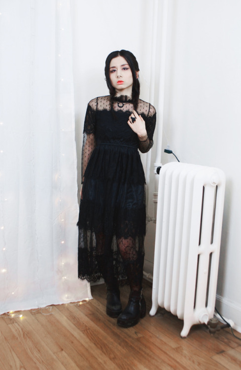 lovelyblasphemy: NINETTE: Tiered Lace Party Maxi Dress - Black UNIF: Rival Boots @rogueandwolf: Ecli