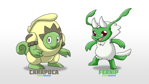 Photosynthetic serpentines.Carapoca the Grass-type Squirtle and Fernip the Sheep Dragon.