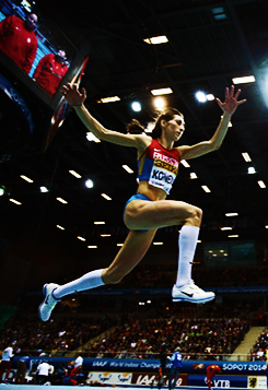 Ekaterina Koneva competing in the triple jump final at the World Indoor Championships 2014, in Sopot